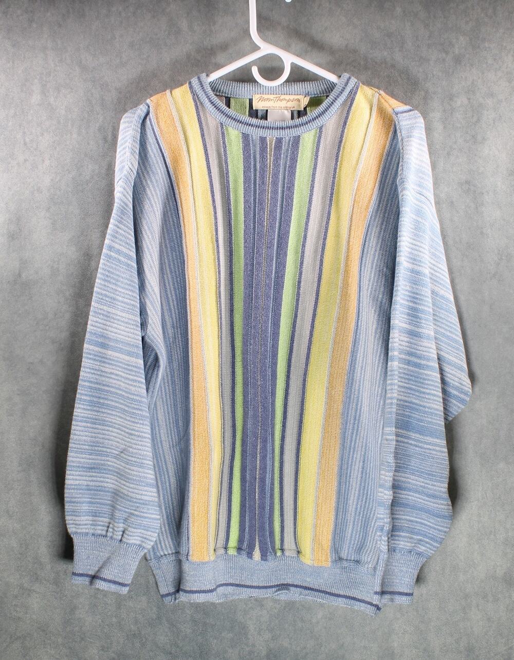 Vintage Norm Thompson Vertical Striped Cotton Blend Sweater Blue Multicolor Larg